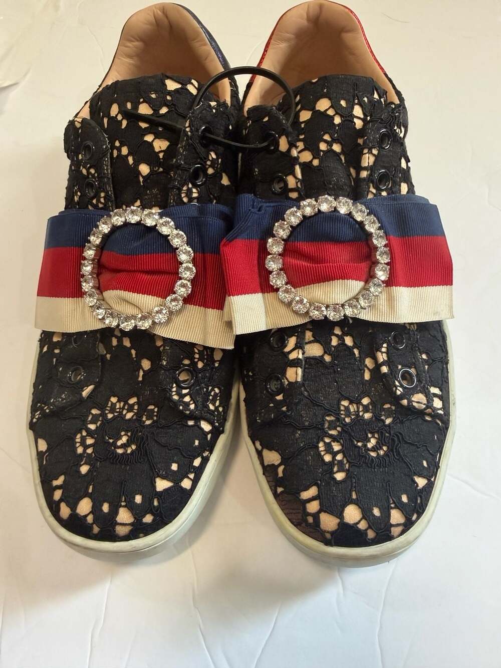 Gucci Ace Dark Flower Black Lace Satin Sylvie Crystal Bow Sneakers